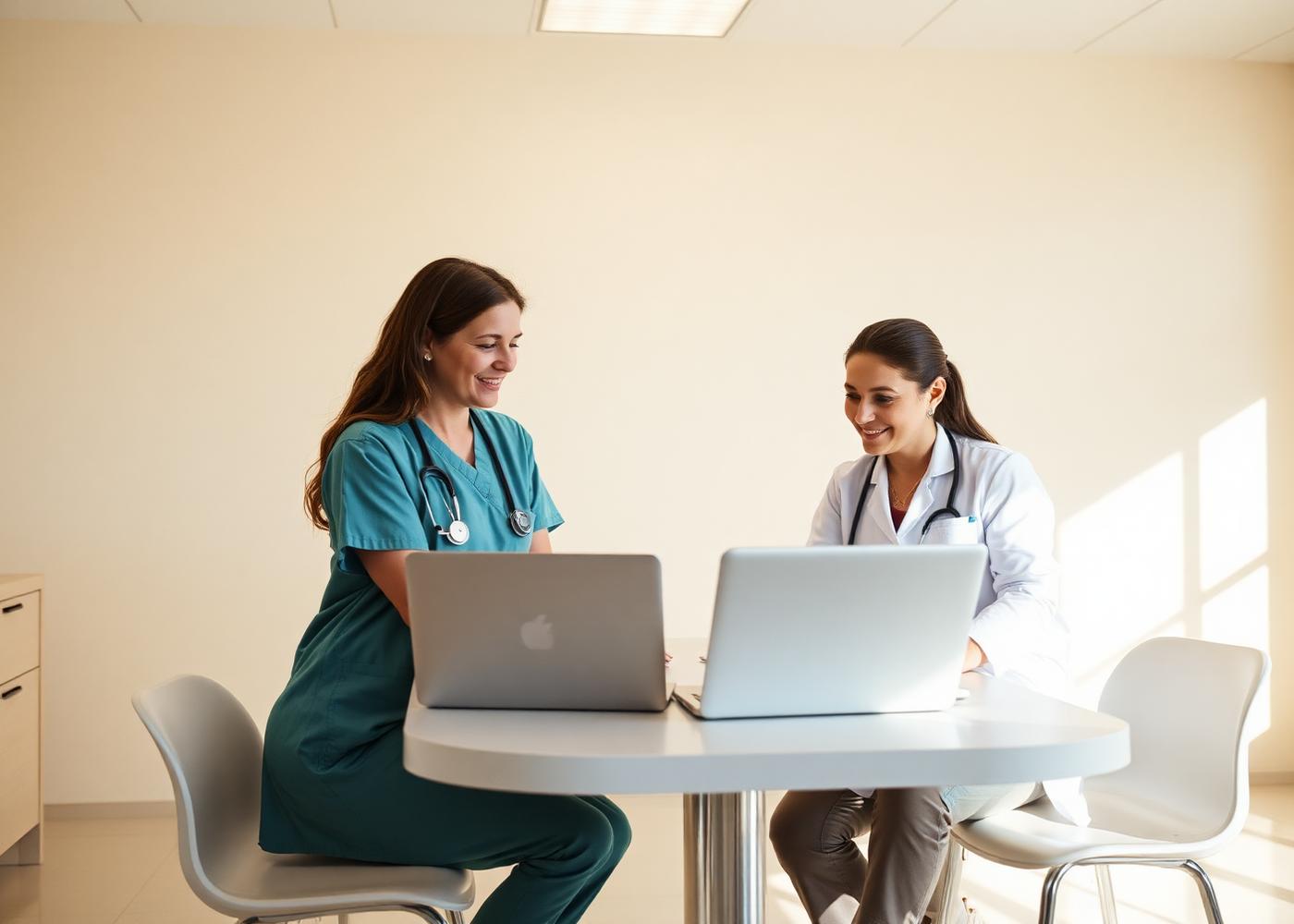 Clinicians collaborating around laptops in a bright, calm clinic space