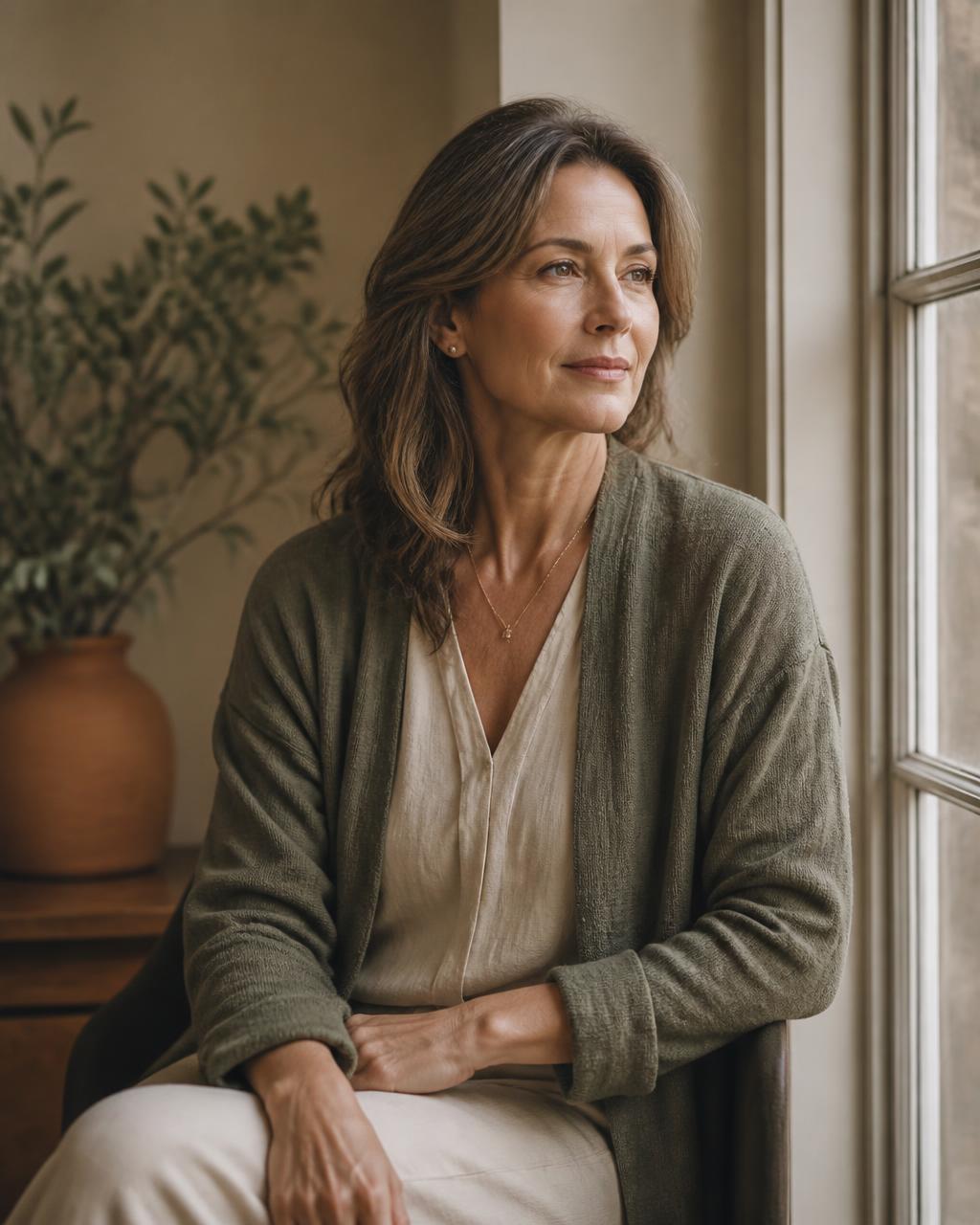A woman in midlife seated in soft natural light, looking out a window