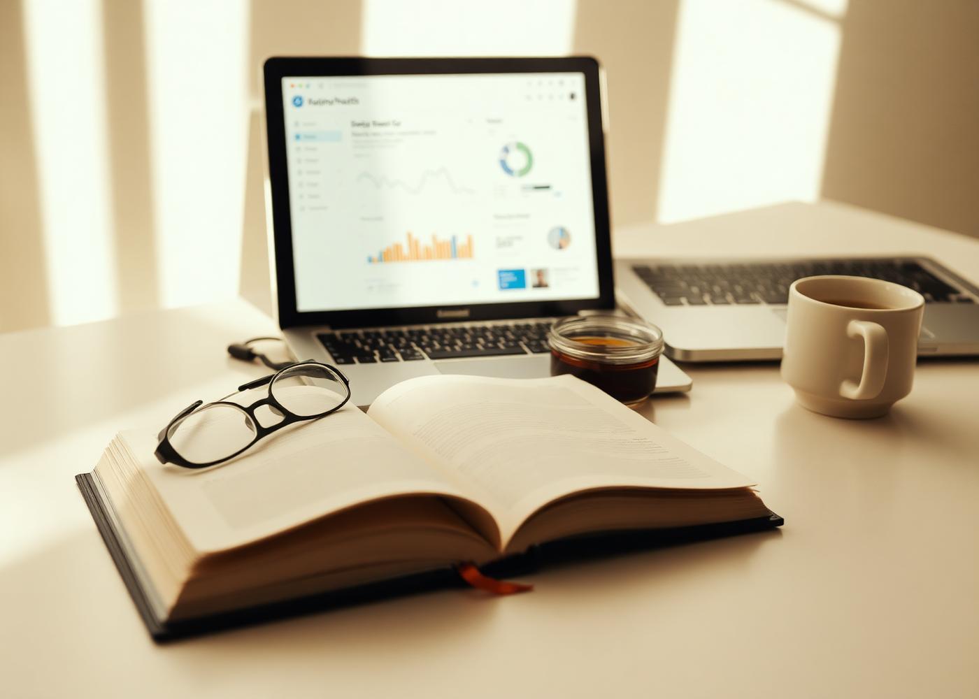 A desk with an open reference text and a laptop showing a health summary