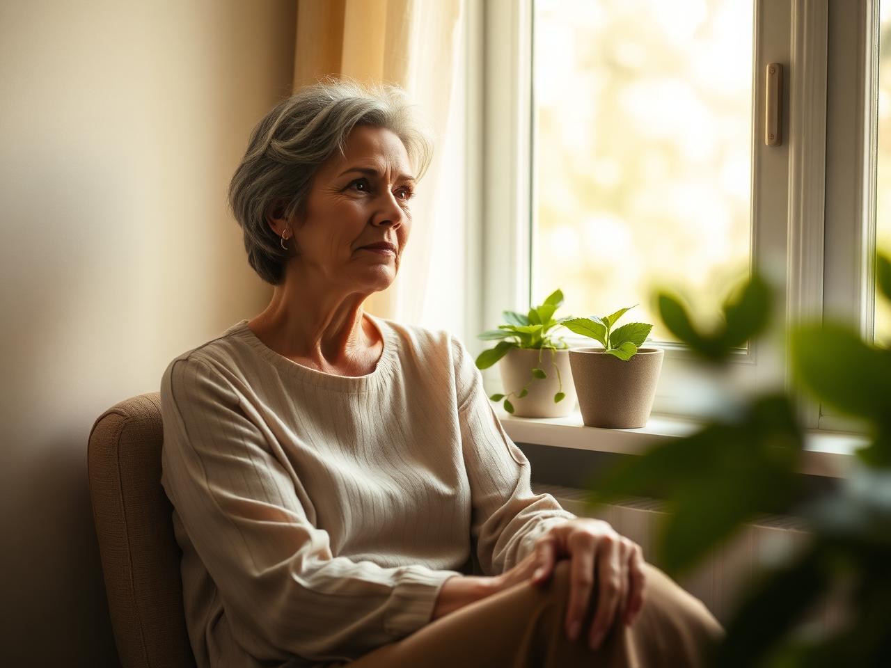 A woman in midlife in soft natural light