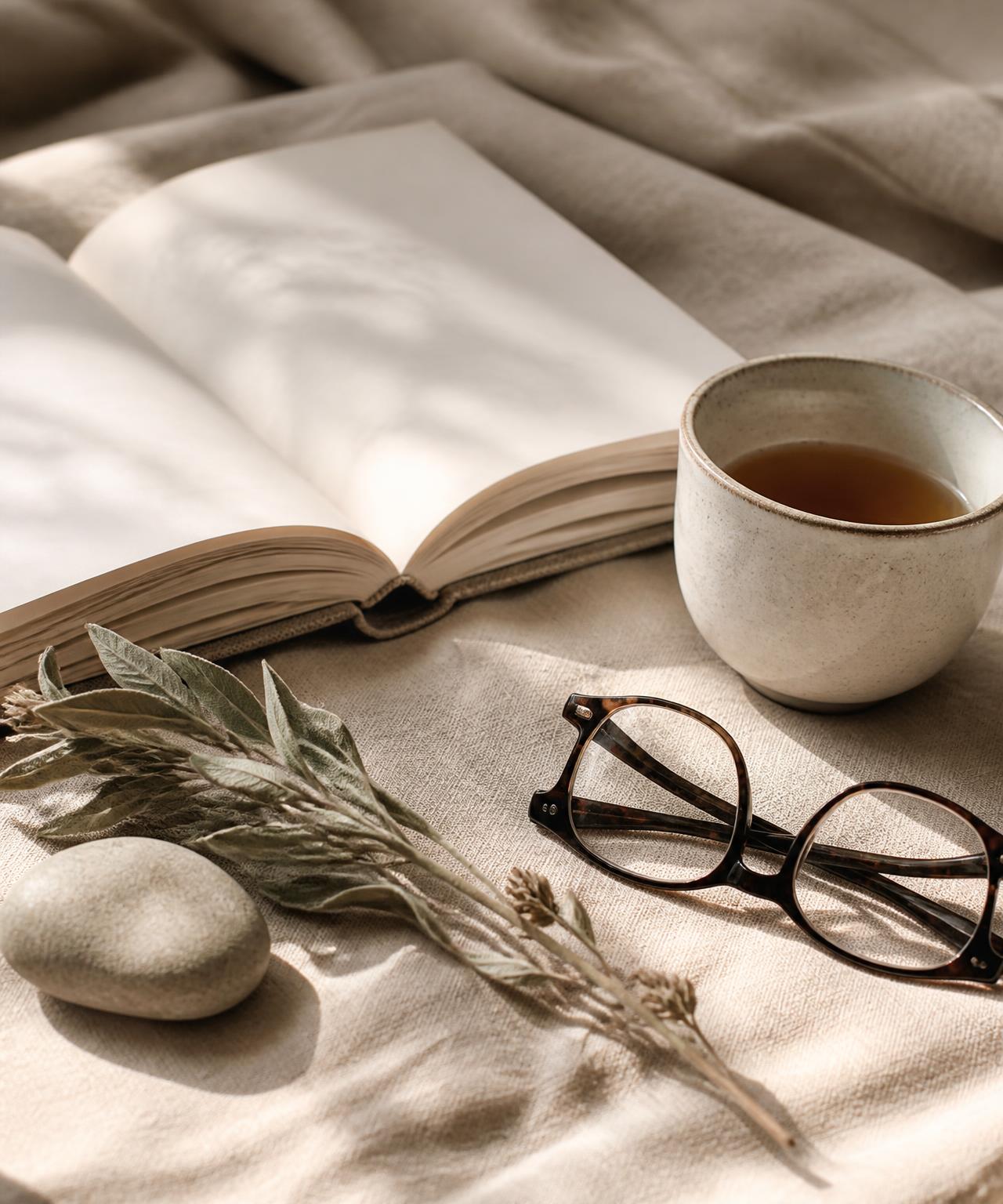 An open book, reading glasses, a cup of tea and dried sage in warm natural light